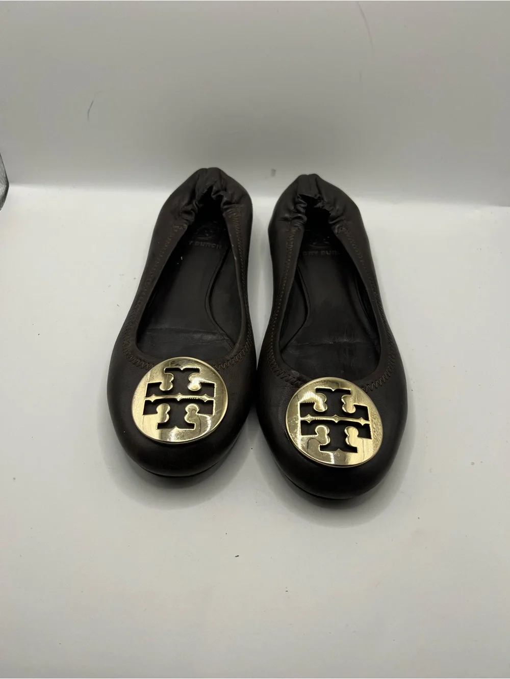 Tory Burch Dark Brown Leather Logo Ballet Flats with Gold Emblem